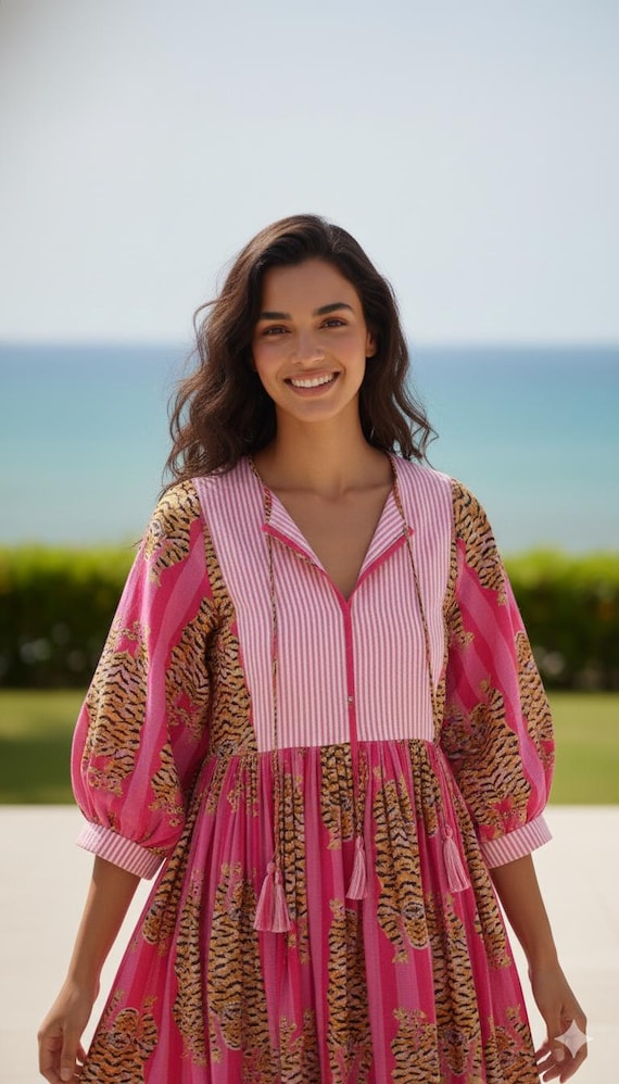Pink Stripes Tiger Print Dress, Bohemian Midi Mini Dress