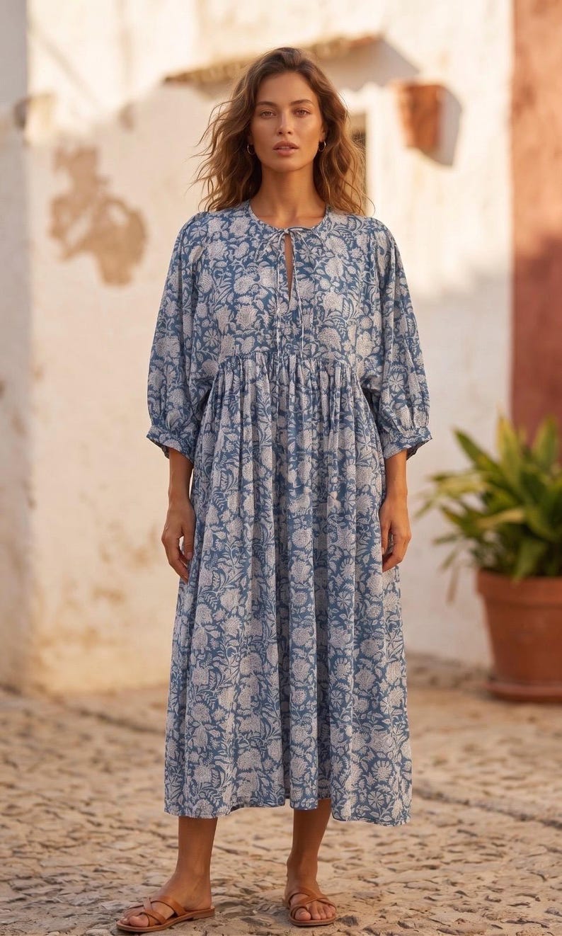 May include: A midi-length dress featuring a blue and white floral block print pattern. The garment has three-quarter length sleeves with gathered cuffs, a round neckline with a central tie closure, and a loose, flowing silhouette.