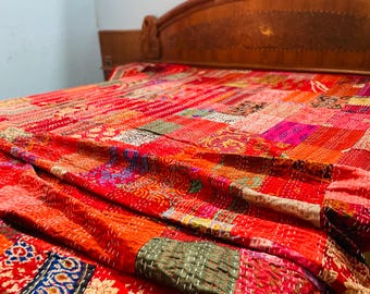 Bohemian Silk Patchwork Kantha Quilt, Handmade Vintage Throw Blanket