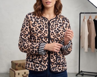 Quilted Leopard Print Jacket for Women | Lightweight Cotton Jacket | Boho Fall Layering Coat | Artisan Outerwear