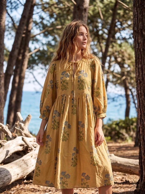 boho mustard yellow dress Cotton Midi Dress, Hand Block Print Summer Style Size:US 24 / UK 28 Ice Cream Retro Beach SP26D2 Beach Long sleeves with fitted