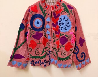 Hand-Embroidered Suzani Denim Jacket, Maroon Velvet Boho Coat