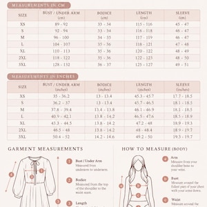 May include: A size chart for midi dresses titled Block Print Vogue, featuring tables with measurements in centimeters and inches for sizes XS to 3XL. Includes diagrams showing how to measure a dress and body for arm, bust, waist, and hip dimensions.