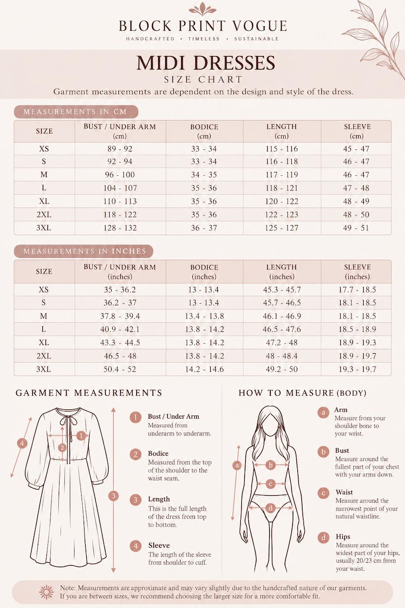May include: A size chart for midi dresses titled Block Print Vogue, featuring tables with measurements in centimeters and inches for sizes XS to 3XL. Includes diagrams showing how to measure a dress and body for arm, bust, waist, and hip dimensions.