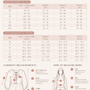 May include: A size chart for mini dresses titled BLOCK PRINT VOGUE. It includes tables for measurements in centimeters and inches for sizes XS to 3XL, plus diagrams illustrating how to measure garment dimensions and body points for fit.