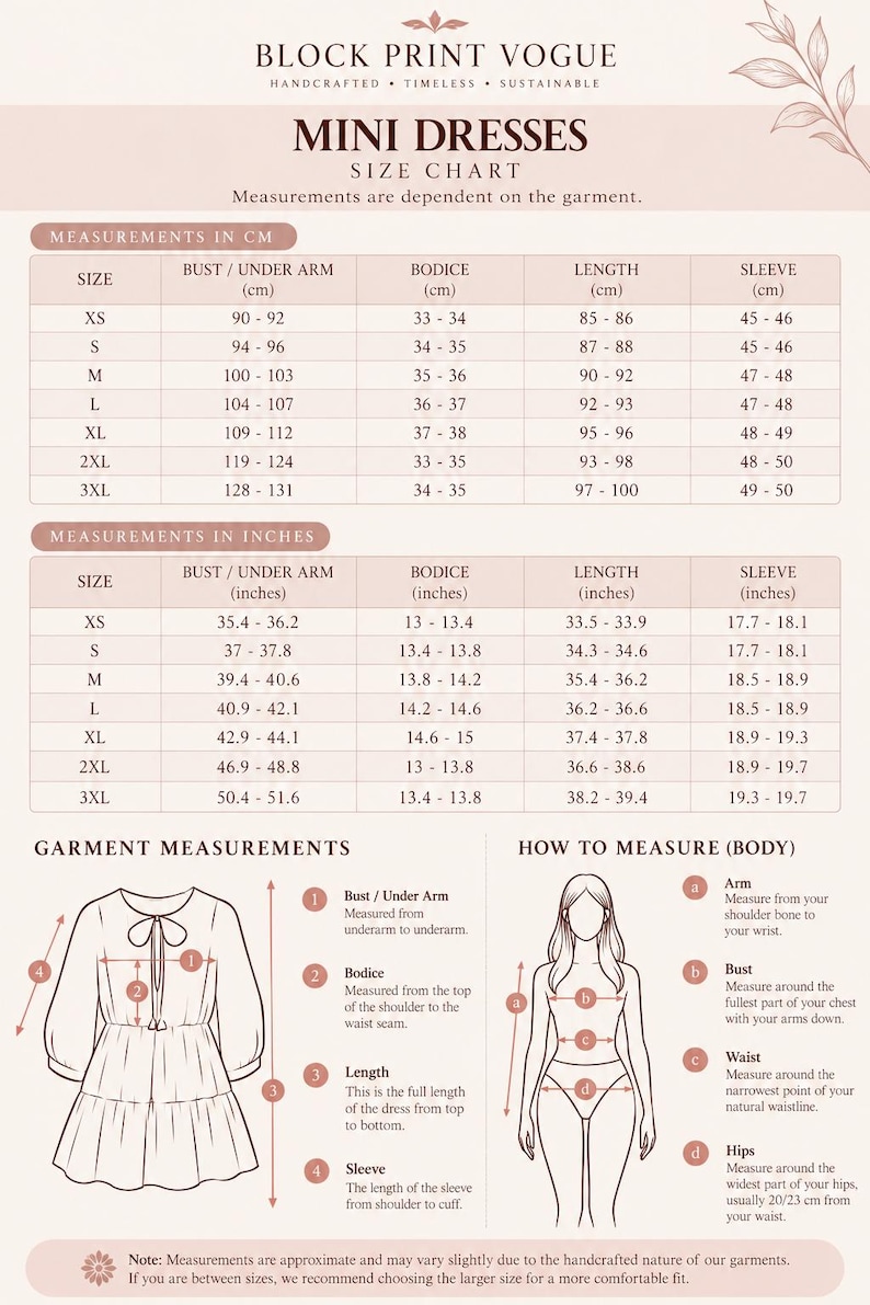 May include: A size chart for mini dresses titled BLOCK PRINT VOGUE. It includes tables for measurements in centimeters and inches for sizes XS to 3XL, plus diagrams illustrating how to measure garment dimensions and body points for fit.