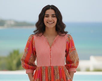 Orange Pink Tiger Print Dress, Tibetan Block Print