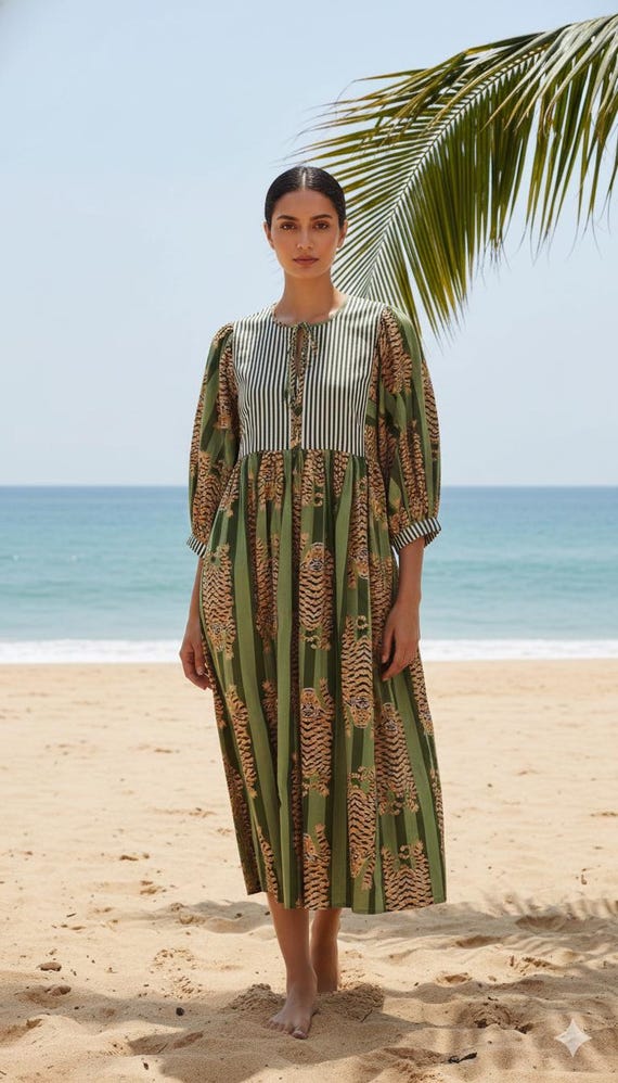 Tibetan Tiger Block Print Dress, Green Midi Mini Dress, Bohemian Style
