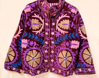 Hand-Embroidered Suzani Velvet Jacket, Bohemian Maroon Coat
