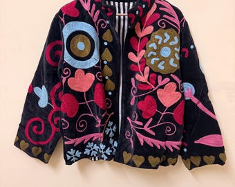 Hand-Embroidered Velvet Suzani Jacket, Bohemian Winter Coat