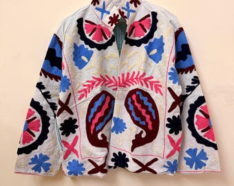 Hand-Embroidered Suzani Denim Jacket, Bohemian Style, Cotton Canvas