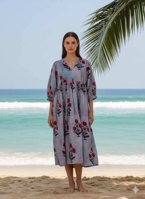 handmade cotton dresses Floral Block Print Midi Dress, Handmade Cotton Summer Dress