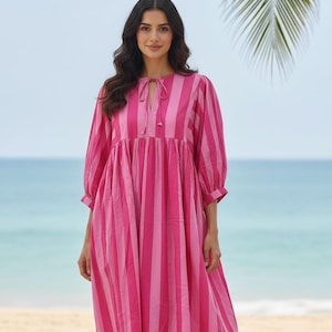 pink greek key and orange chain striped print midi dress Pink City Prints Immy Midi Dress