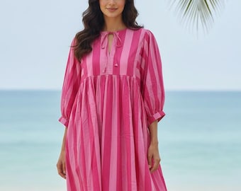 Pink Stripe Block Print Midi Dress, Deep Neck Summer Attire