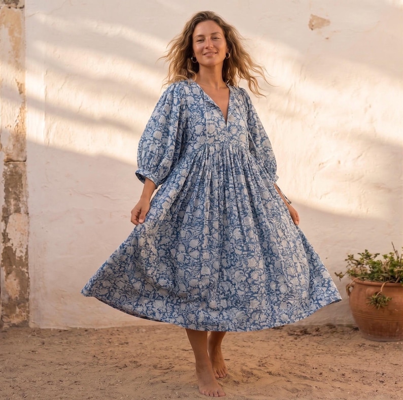 Artisan Block Print Cotton Dress, Boho Floral Resort Wear, Indian Lightweight Mini/Midi/Maxi image 2