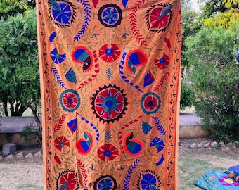 Hand Embroidered Velvet Suzani Tapestry, Vintage Floral Wall Hanging