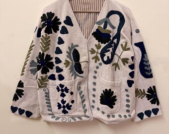 Hand-Embroidered Suzani Denim Jacket, Bohemian Style, Cotton Canvas