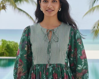 Abito midi con stampa floreale a blocchi, scollo profondo, stile boho