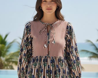 Floral Block Print Cotton Dress, Bohemian Midi Mini Dress
