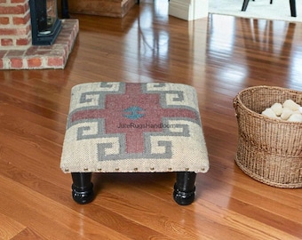 Handwoven Wool & Jute Ottoman Footstool– Perfect for Warm, Soft Fabric | Acacia Wood Wool Rug Stool for Added Comfort And Cozy Feeling Stool