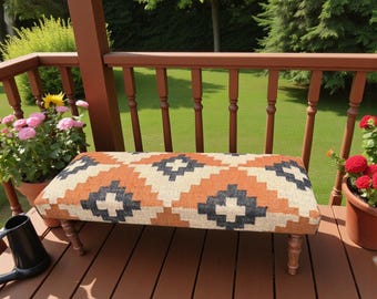 Handmade Wool Jute Kilim Bench | Kilim Upholstered Ottoman Seating | Boho Entryway Bench Rustic Wool Jute Kilim Bench Home Decor Bench Rug