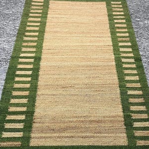 Natural With Green Jute hemp Rug/Runner, High Quality Handwoven Premium Boho Rug, Indian Jute Area Rug, Kitchen Runner Rug, Custom Size Rug,
