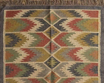 Alfombra de yute de lana hecha a mano, alfombra Navajo Kilim, alfombra azteca, alfombra de acento, alfombra al aire libre/alfombra interior, sala de estar/comedor navajo de 6x9 pies