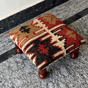 Tribal Kilim Footstool, Rectangle Ottoman Pouf, Patterned Turkish Bench, Handmade Kilim Rug Stool, Striped Upholstered Seat -w\j2003
