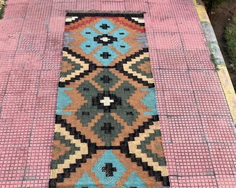 Alfombra Kilim Runner tejida a mano, Corredor de yute de lana, Raunner ecológico, Corredor de alfombras, Corredor de yute, Corredor vintage, Corredor multicolor, Alfombra de cocina