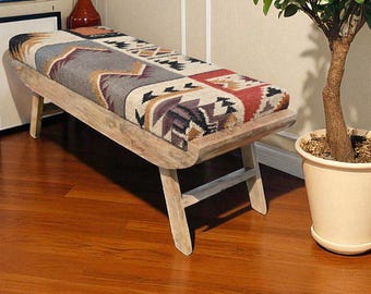 Handmade Kilim Rug Bench, Upholstered Ottoman, Wool Jute Fabric Seating Farmhouse Ottoman Bench Livingroom , Teak Wood Legs (120Lx45Wx45Hcm)