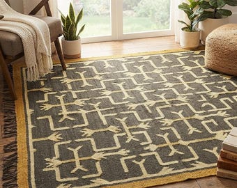 Traditional Olive Green & Yellow Geometric Dhurrie, Tribal Southwestern Bohemian Flatweave Area Rug, Handmade Wool Jute Custom Size Area Rug