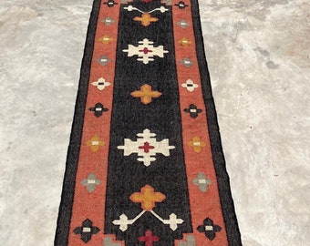 Handmade Kilim Runner Rug, Handwoven Fklower Runner Rug, Wool and Jute Runner, Hallway Decor Runner, Kitchen Runner, Custom Size Runner