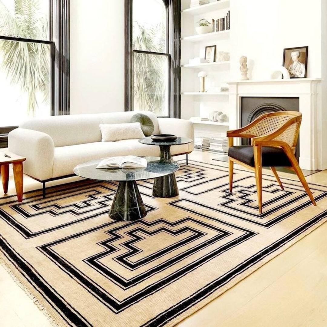 Handmade Begie and Black Wool Jute Rug, Kilim Jute Rug, Vintage Carpet