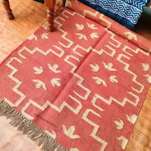 Handwoven Red Kilim Rug, Vintave Wool Kilim Rug, Boho Home Decor Turkish Oriental Southwestern Indian Rug, Custom Size Wool Jute Rug