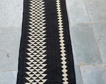 Handwoven Wool Jute Kilim Runner Rug, Black And White Runner For Stair Decor, 2x12, 2x20 Ft Hallway Runner, Boho Decor, Turkish Kilim Runner