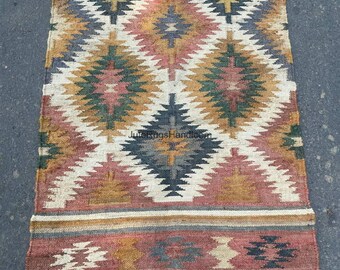 Alfombra Kilim de yute y algodón hecha a mano, alfombra para decoración del hogar, alfombra de algodón de tamaño personalizado, alfombra india tejida a mano de algodón y yute, alfombra Kilim Navajo multicolor.