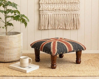 Handmade Kilim Ottoman Footstool | Wool Jute Upholstered Stool | Boho Wooden Foot Rest | Rustic Home Decor Bench | Bedside Footstool Chair