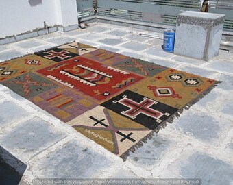 Wool Jute Kilim Rug, Handwoven Bohemian Area Rug, Tribal Geometric Floor Mat, Modern Rustic Decor, Multi Color Vintage Style Rug,