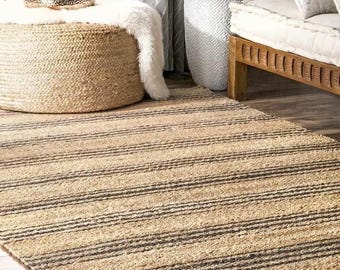 Handloomed Black Strip pattern hemp jute Area Rug, handmade, Natural Jute Rug Boho Decor Rug, Handwoven Jute Rug, Custom Rug, Decorative Rug