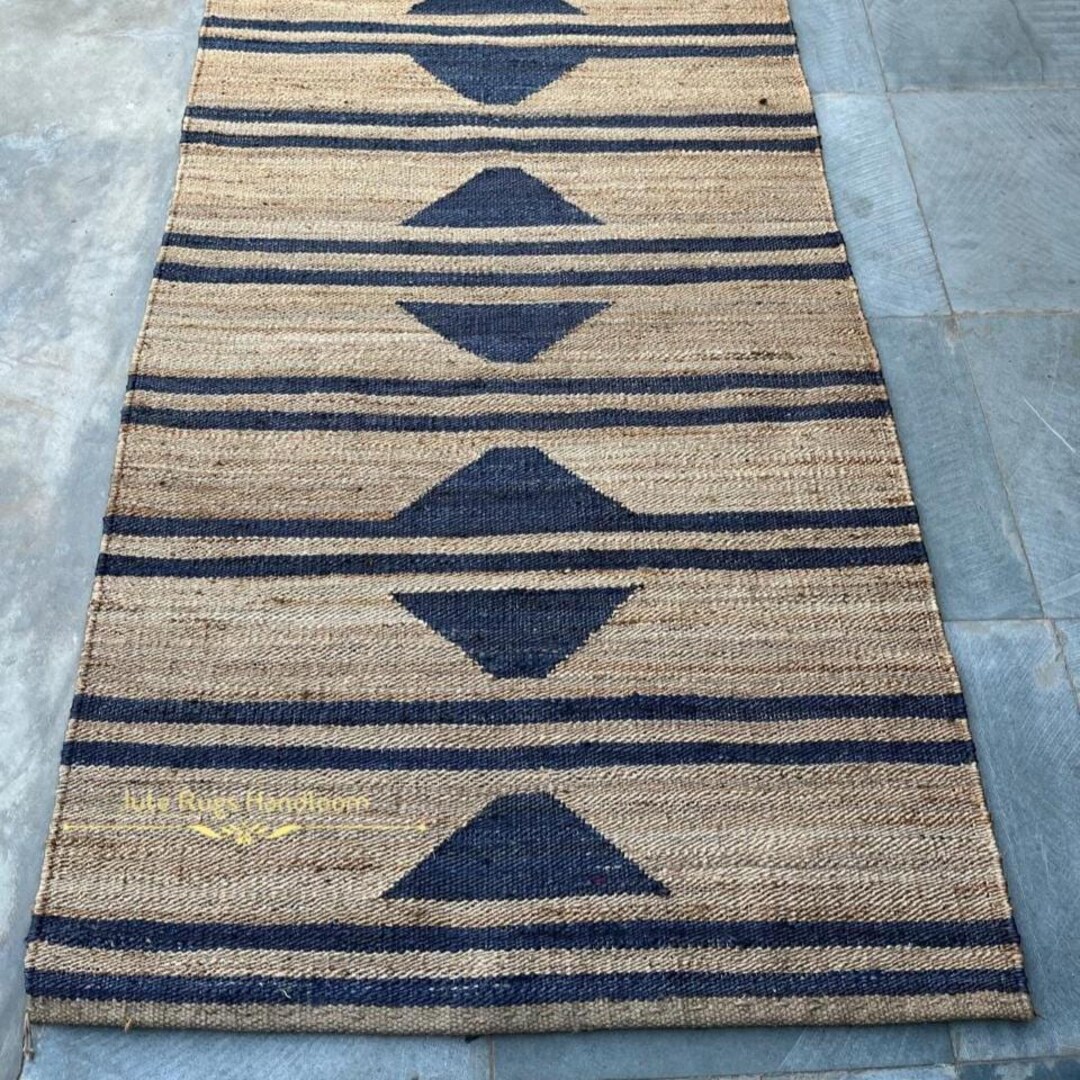 Handwoven Indian Natural Hemp Jute Runner Rug, Hemp Tufted Blue Striped ...