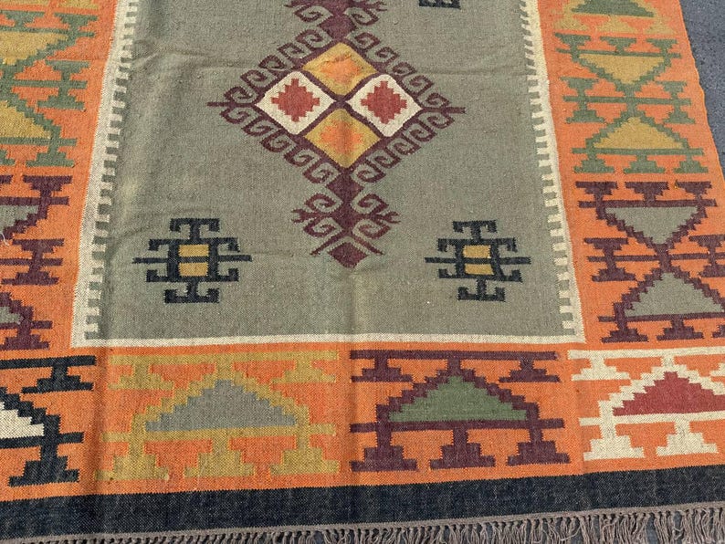 Geometric Kilim Livingroom Rug, 8x10 Handmade Wool Jute Rug, Vintage Wool Area Rug 8x12, Floor Patio Bedroom Rug Custom Kitchen Hallway Rug image 11