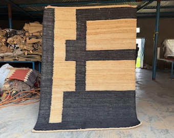 Jute Hemp Rug Black Natural | Handwoven Geometric Area Rug | Modern Minimalist Boho Carpet | Natural Fiber Floor Rug | Eco Friendly Rug
