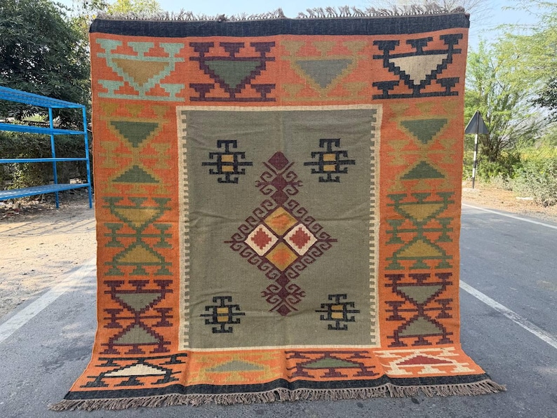 Geometric Kilim Livingroom Rug, 8x10 Handmade Wool Jute Rug, Vintage Wool Area Rug 8x12, Floor Patio Bedroom Rug Custom Kitchen Hallway Rug image 2