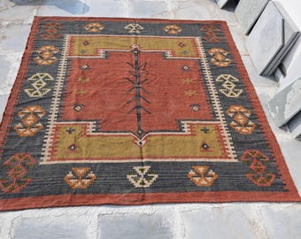 Outdoor Kilim Living Room Rug - Handmade Wool Jute Rug Vintage Wool Area Rug 9x12 - Floor Patio Bedroom Rug - Custom Kitchen Hallway Rug 8x8