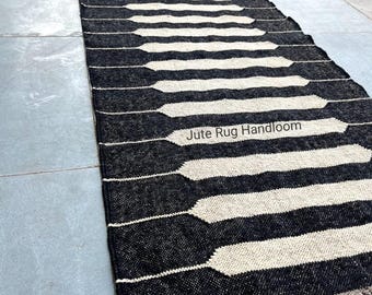 Black & White Kilim Runner Rug, Handwoven Jute Hallway Runner, Boho Farmhouse Rug, Scandinavian Entryway Rug, Modern Floor Runner,