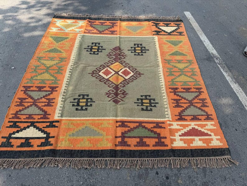 Geometric Kilim Livingroom Rug, 8x10 Handmade Wool Jute Rug, Vintage Wool Area Rug 8x12, Floor Patio Bedroom Rug Custom Kitchen Hallway Rug image 17