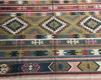 Alfombra Azteca, Dhurrie de Tejido Plano, Alfombra Rectángulo, Alfombra Kilim Multicolor, Alfombras Vintage Antiguas, Decoración Boho, Alfombra Antideslizante, Alfombra Hecha a Mano