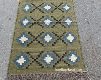 Green White Pattern Natural Handmade   Wool Jute Kilim Runner | Bohemian Runner & Rug | All Custom Sizes are Available | 3x5 Ft runner |
