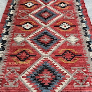 Kelimtapijt, handgemaakt, wollen jute kelimtapijt, tapijt van wol en jute, Navajo kelimtapijt, platgeweven tapijt, woondecoratie, traditioneel Indiaas jutetapijt 4 x 6.