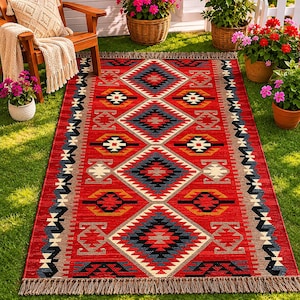 Red Wool Jute Kilim Rug,Handwoven Tribal Area Rug, Southwestern  Rug, Geometric  Carpet, Rustic Farmhouse Floor Rug,Vintage Style Accent Rug